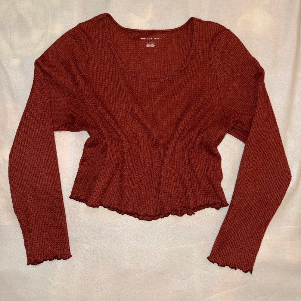 American Eagle XXL Cropped Lettuce Trim Long Sleeve Waffle Knit Top